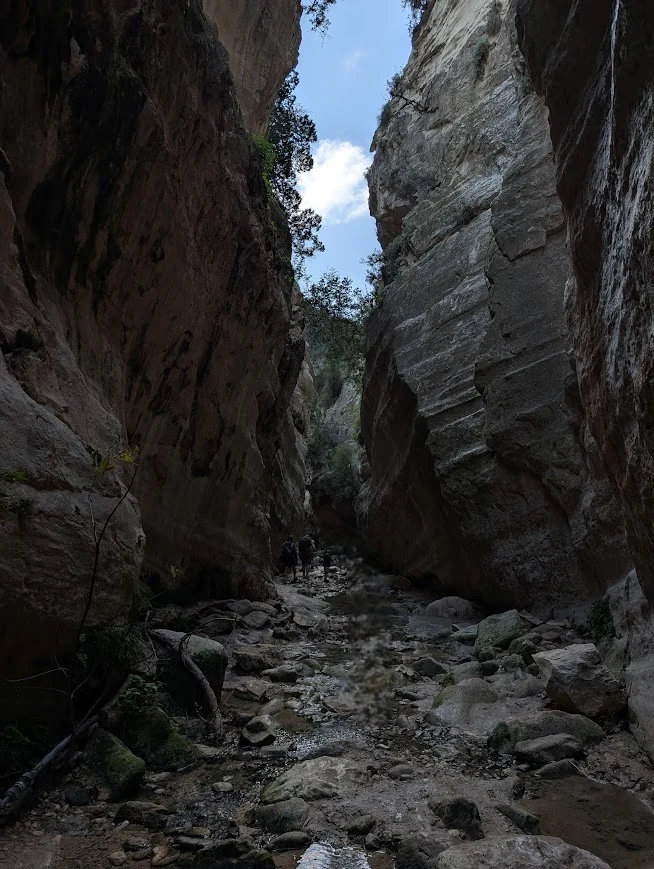 Narrow rocky canyon walls of Avakas Gorge on the Akamas Peninsula, Cyprus, with hikers visible in the distance, January 2025.
