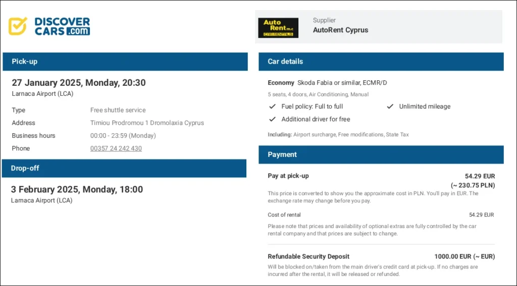 Invoice screenshot showing car rental costs in Cyprus for 7 days: €54 total.