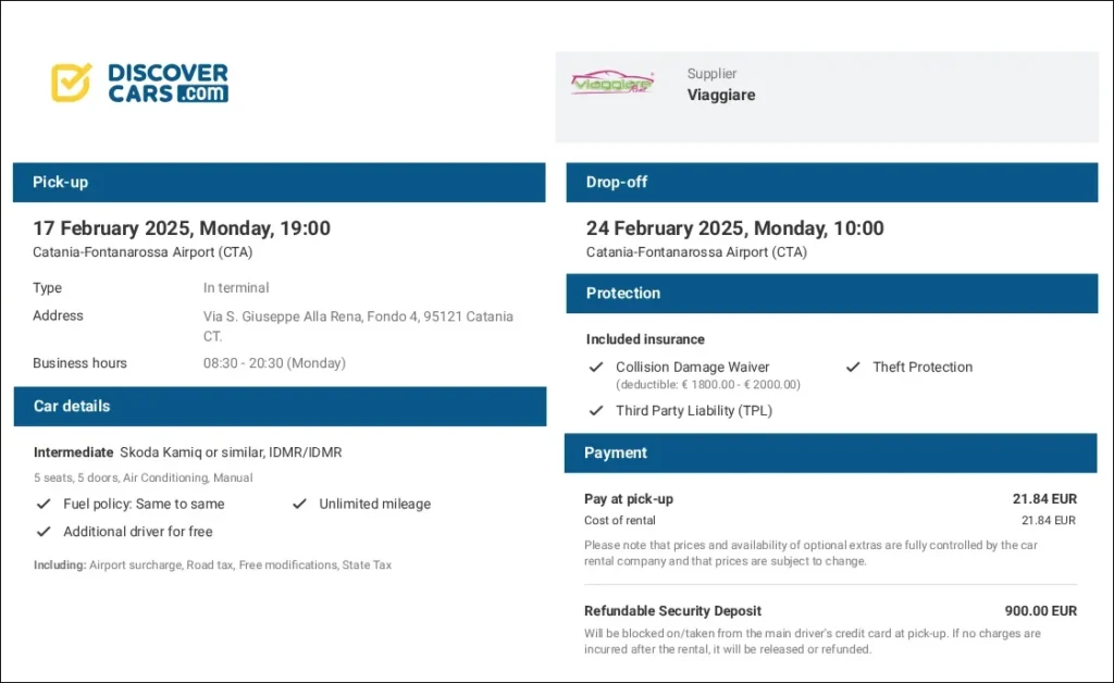 Screenshot showing a car rental booking in Catania, Sicily for 21 euro for a week from DiscoverCars.