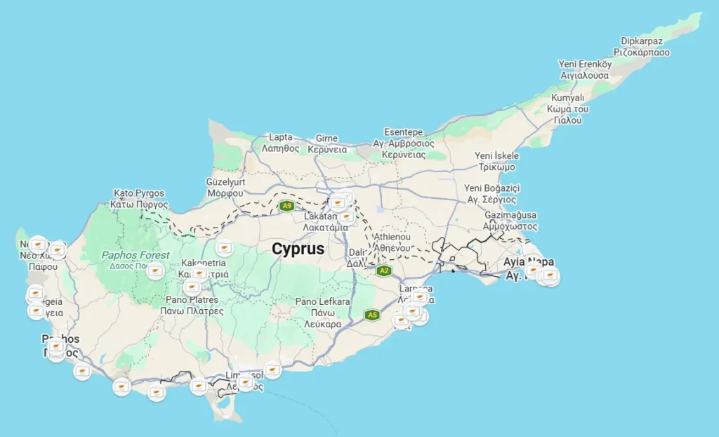 Detailed map of Cyprus with travel pins and route for a budget trip.