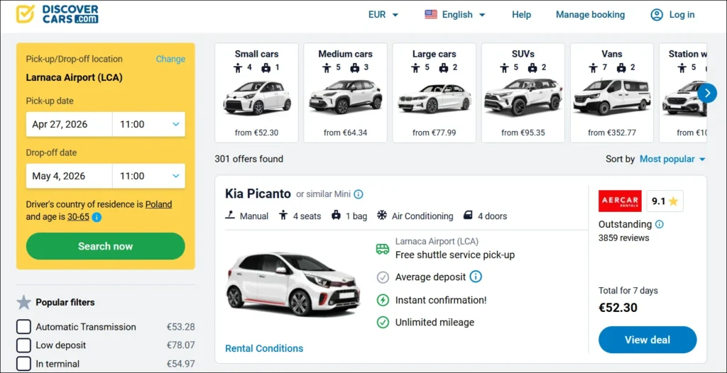 DiscoverCars search results for Larnaca Airport Cyprus showing Kia Picanto rental from €52.30 for 7 days.