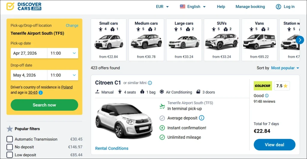 DiscoverCars search results for Tenerife Airport South showing Citroen C1 rental from €22.84 for 7 days.