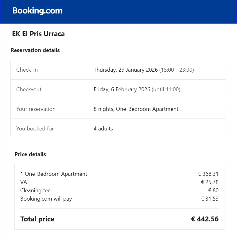 Booking summary for an 8-night, one-bedroom apartment stay for four adults at a total cost of €442.56 in El Pris, Tenerife.