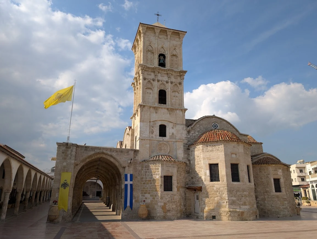 Holy Church of Saint Lazarus in Larnaca, Cyprus, with bell tower and Byzantine Orthodox dome, January 2025.