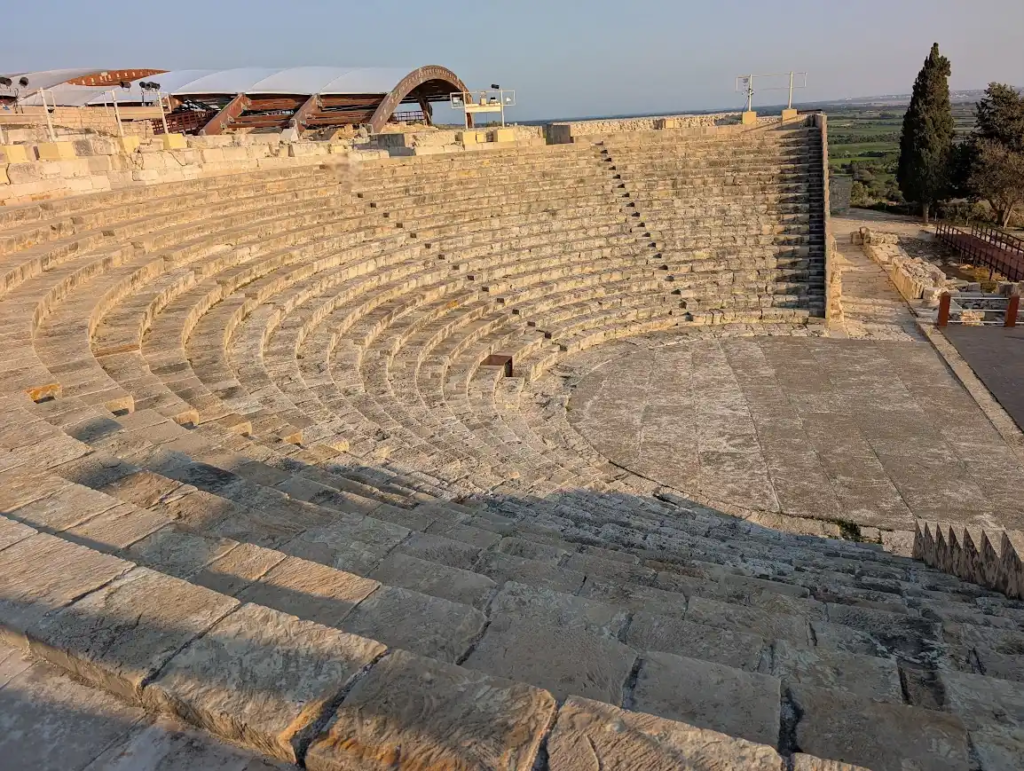 Kourion Ancient Amphitheater in Cyprus with stone seating and sea views in the background, January 2025.
