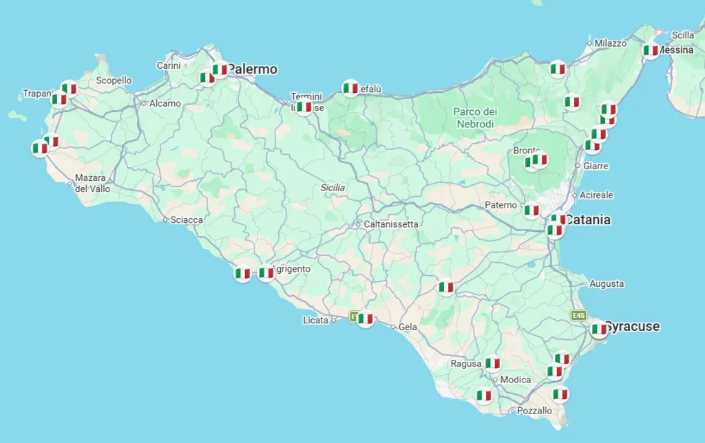 Map of Sicily showing a 1,200km circular driving route starting and ending in Catania. GPS pins indicate stops in Taormina, Siracusa, Caltagirone, Agrigento/Valley of the Temples, Trapani, and Palermo, covering the entire perimeter and central-southern inland of the island.