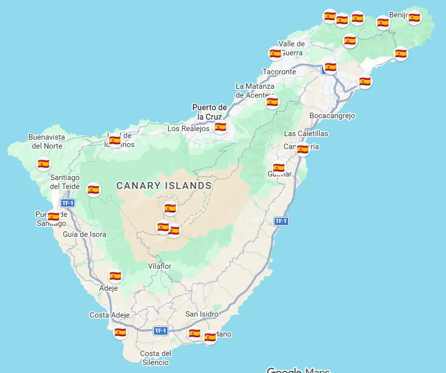 Map of Tenerife, Canary Islands, with pins marking travel locations across the island for an 8-day trip.