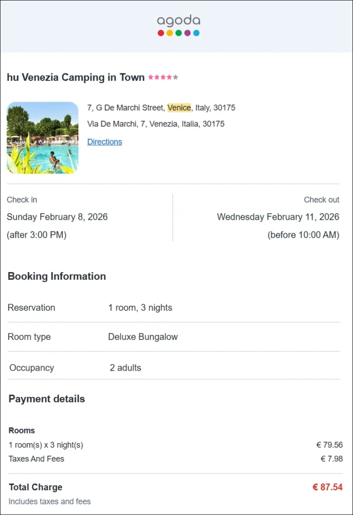 Agoda booking confirmation for Hu Venezia Camping in Town, Venice, check-in February 8 and check-out February 11, 2026.