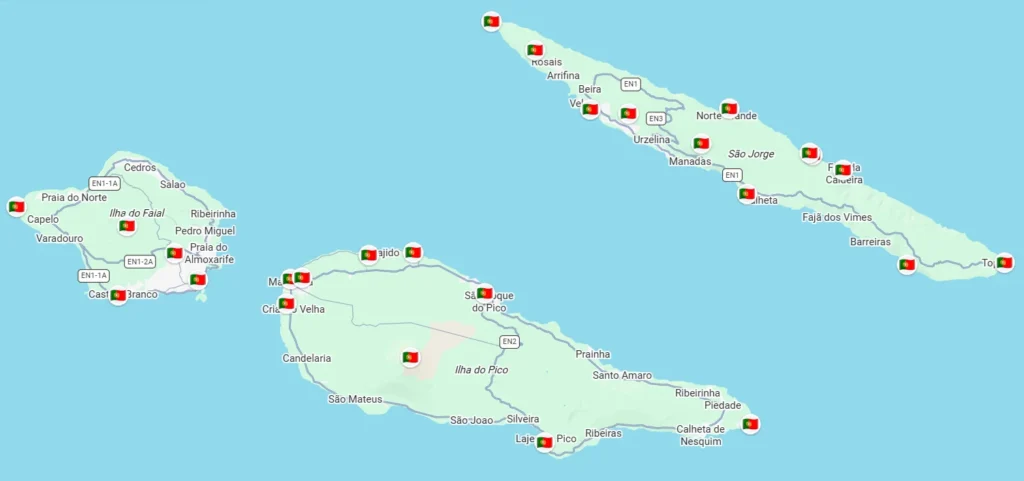 Map of the Azores Central Group showing logistical waypoints on Faial, Pico, and São Jorge islands.