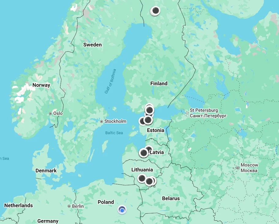 Google Maps screenshot showing a series of pins along a route through the Baltic states, including Poland, Lithuania, Latvia, Estonia, and Finland, marking a road trip itinerary.