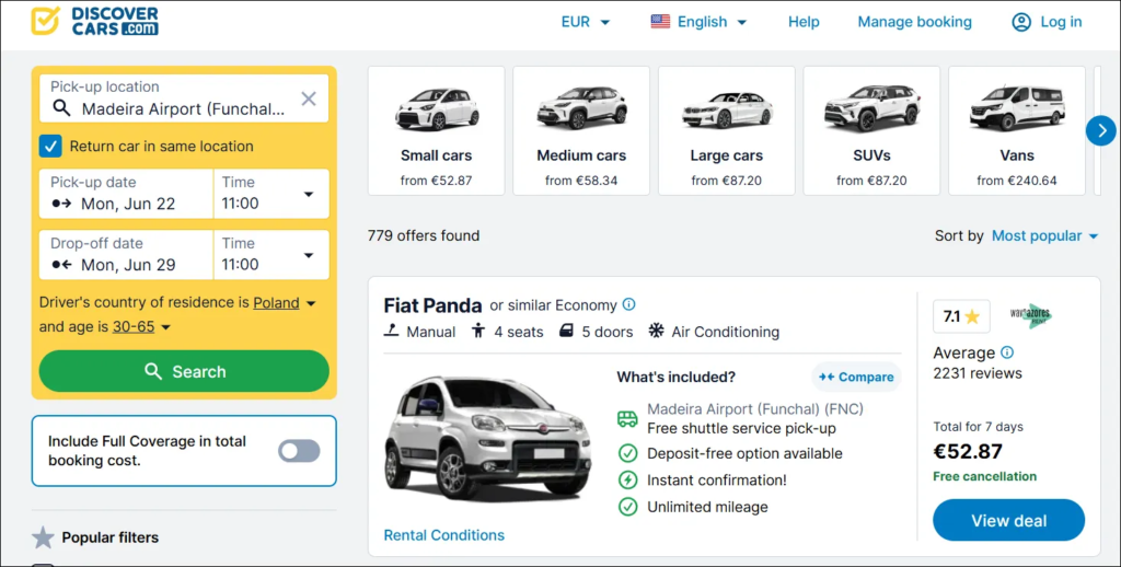 Screenshot of the Discover Cars search results page displaying a ultra-budget 7-day rental offer at Madeira Airport for a Fiat Panda costing a total of €52.87.
