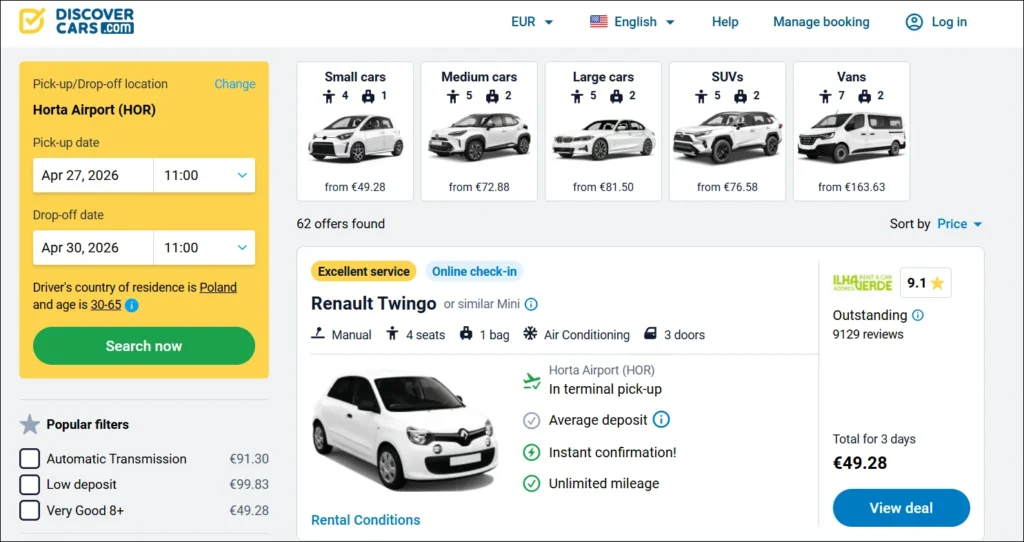 DiscoverCars search results for Horta Airport Faial showing Renault Twingo rental from €49.28 for 3 days.