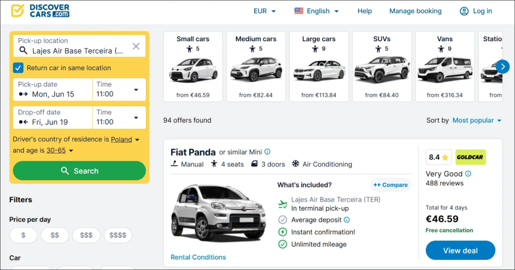 DiscoverCars search results for Lajes Air Base Terceira – small cars from €46.59 for 4 days