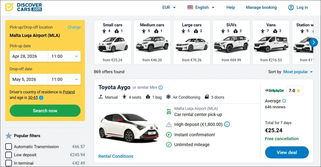 DiscoverCars search results for Malta Luqa Airport showing Toyota Aygo rental from €25.24 for 7 days.
