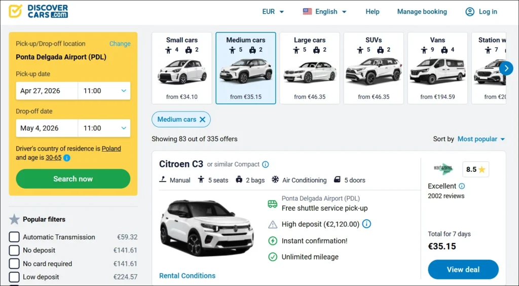 DiscoverCars search results for Ponta Delgada Airport Sao Miguel showing Citroen C3 medium car rental from €35.15 for 7 days.