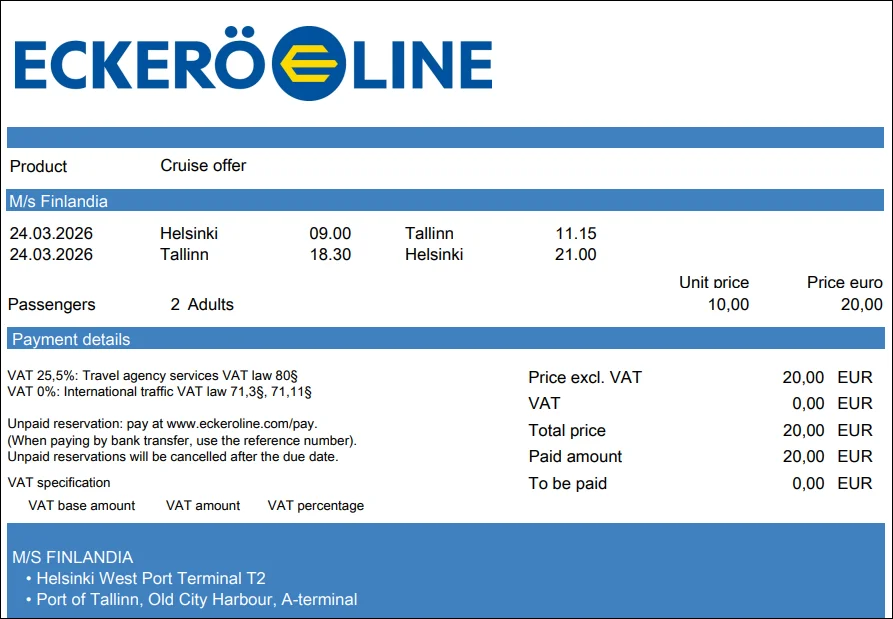A digital invoice from Eckerö Line for a cruise offer between Helsinki and Tallinn, showing a reservation code, travel dates, and a total price of 20 EUR for two passengers.