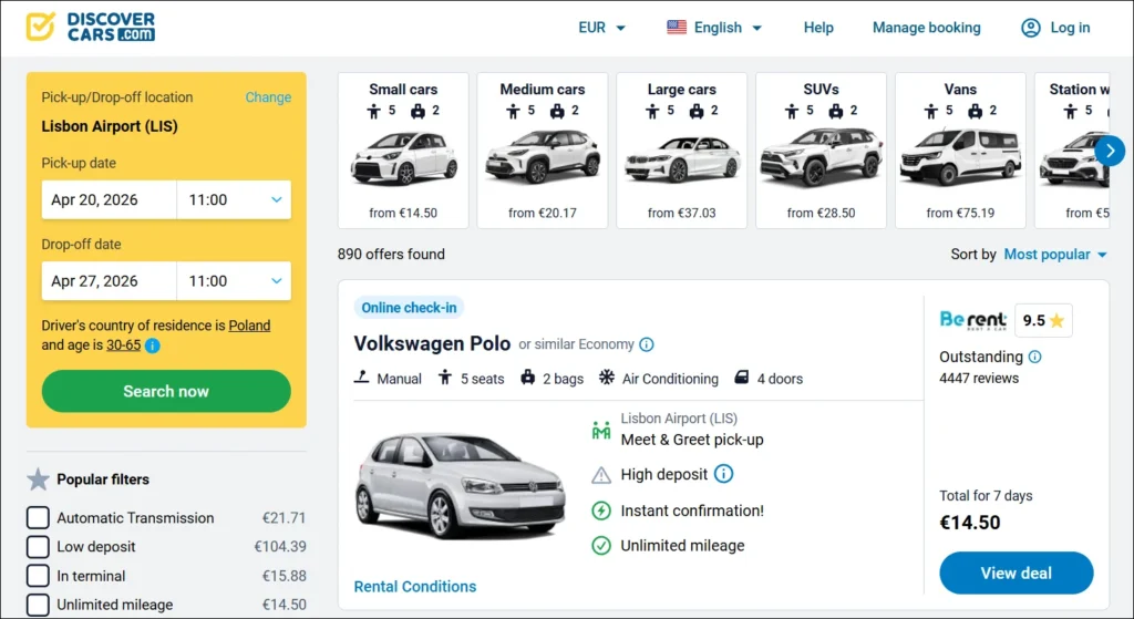Screenshot of DiscoverCars search results for car rentals at Lisbon Airport showing a Volkswagen Polo economy car for 14.50 Euro for 7 days.