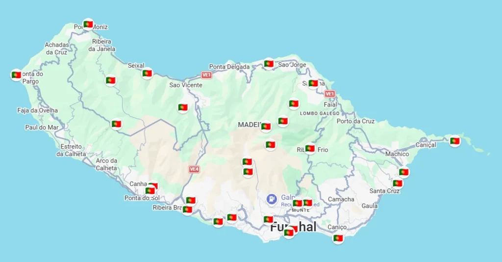 A map of Madeira showing multiple stops and locations visited during a road trip.