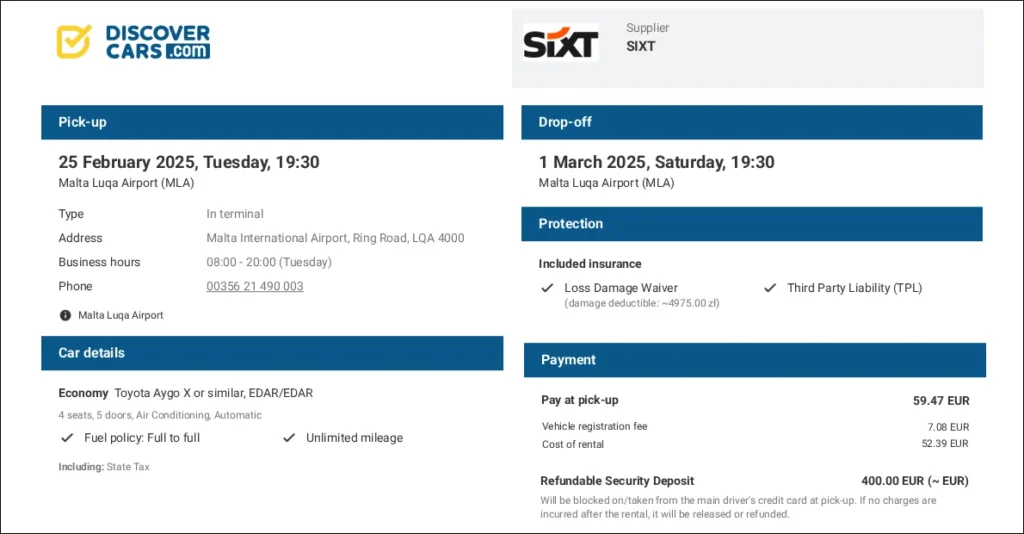 DiscoverCars booking voucher for a SIXT rental at Malta Luqa Airport, showing a Toyota Aygo X economy car, 4-day rental from 25 February to 1 March 2025, total cost €59.47 EUR.