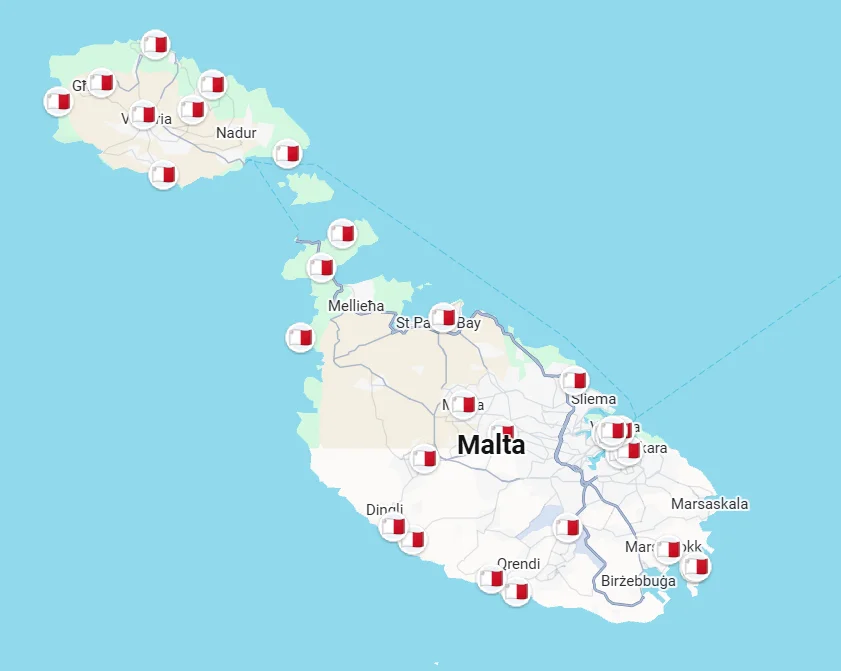 Google Maps screenshot showing visited waypoints across Malta and Gozo, marked with Maltese flag pins, covering the main island and the northern channel crossing to Gozo.