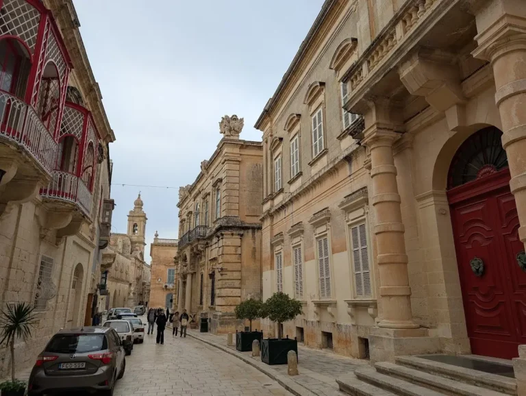 Narrow limestone street in Mdina, Malta, with traditional red wooden balconies and a large red door, leading towards a baroque church tower in the background.