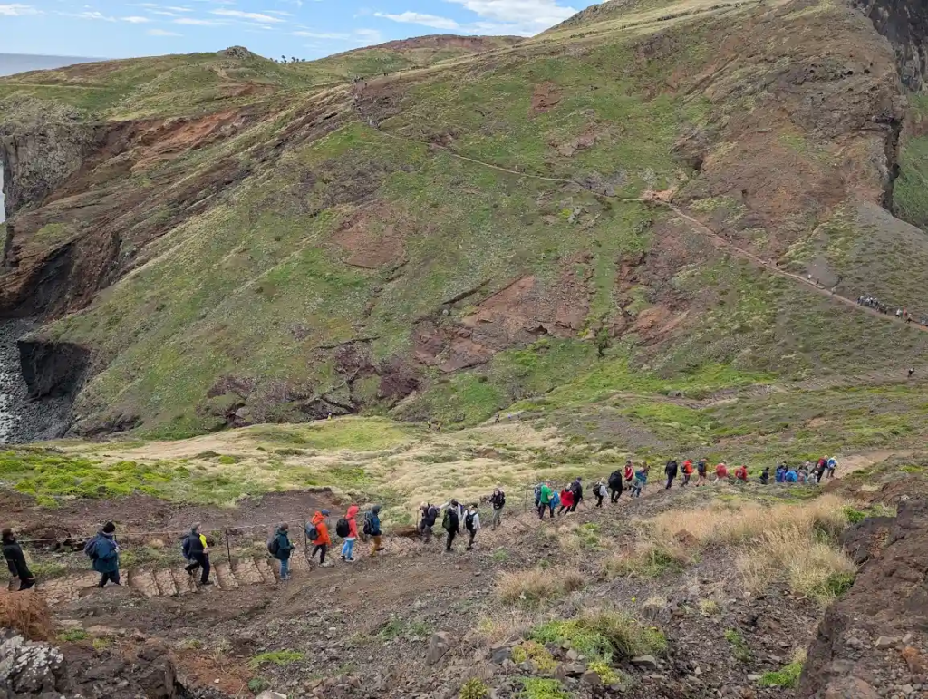 Line of hikers walking the stone steps of the Ponta de São Lourenço trail on Madeira