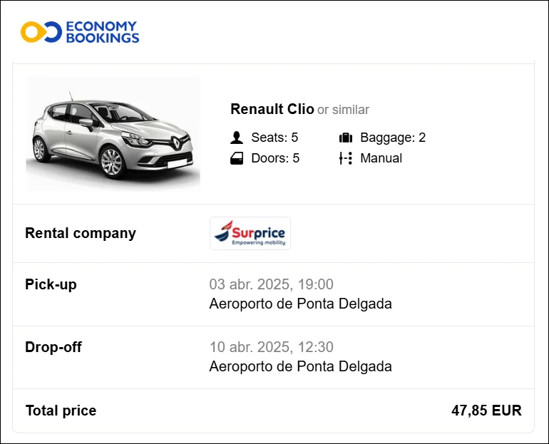 Rental car booking confirmation for a Renault Clio in Ponta Delgada, São Miguel, through Surprice car rental for €47.85.