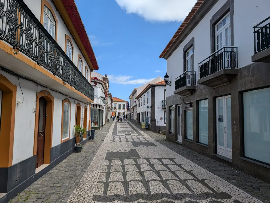 Cobblestone pedestrian street in Praia da Vitória old town, Terceira, Azores