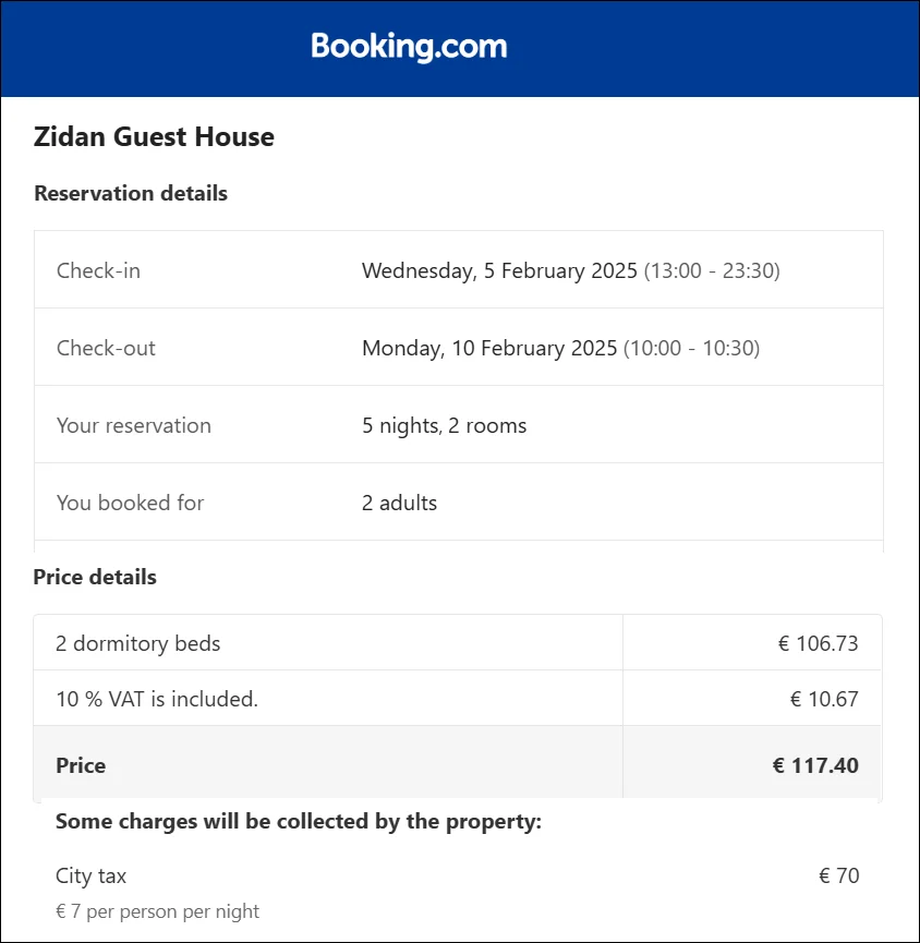 Booking.com confirmation for Zidan Guest House Rome, 5 nights for 2 adults, €117.40 plus €70 city tax at €7 per person per night.