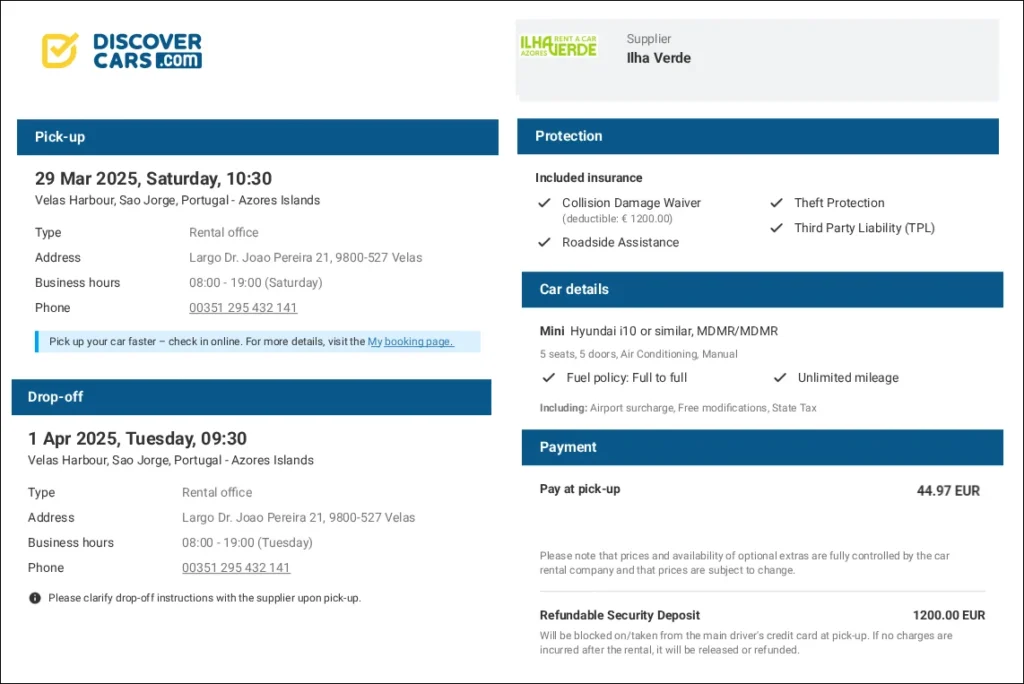 Rental car booking confirmation from DiscoverCars for a Hyundai i10 in Velas, São Jorge, Azores, showing a total paid.