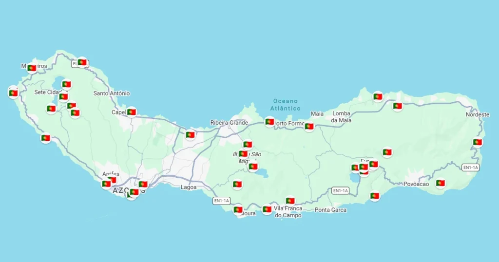 Map of São Miguel, Azores, showing waypoints for a 7-day vehicle-based trip.