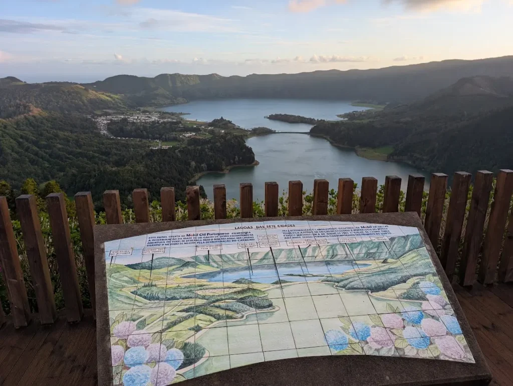 Panoramic view of the twin lakes (Lagoa Verde and Lagoa Azul) at Sete Cidades, São Miguel, from the Vista do Rei viewpoint.