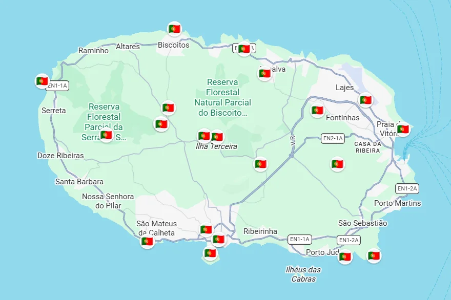 Map of Terceira, Azores, featuring route markers for Biscoitos, Angra do Heroísmo, and the Serra de Santa Bárbara nature reserve.