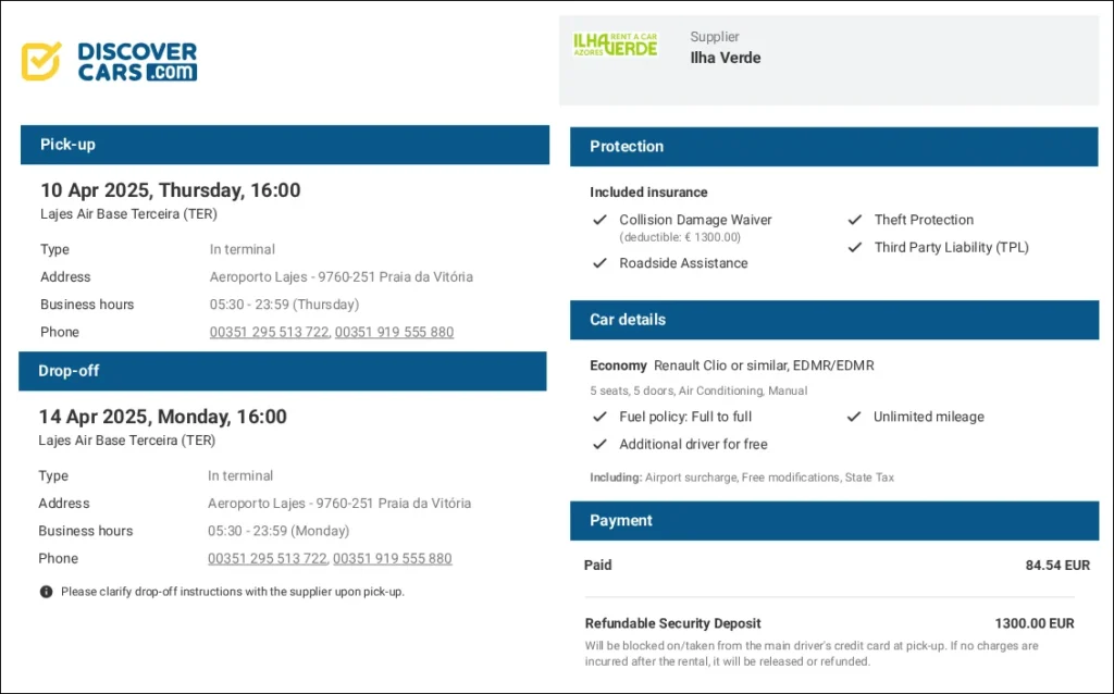 Rental car booking confirmation for Terceira Island, Azores, showing a Renault Clio from Ilha Verde for €84.54 via DiscoverCars.com.