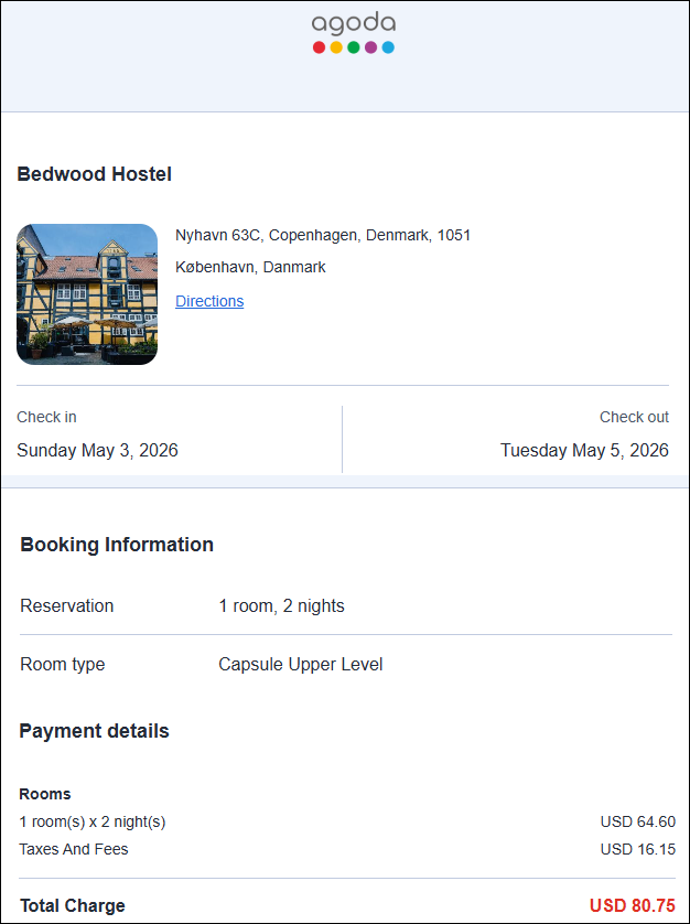 Agoda booking receipt for Bedwood Hostel Copenhagen, 2 nights, USD 80.75