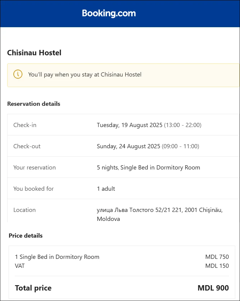 Booking.com confirmation for Chisinau Hostel – 5 nights, MDL 900 total, August 2025