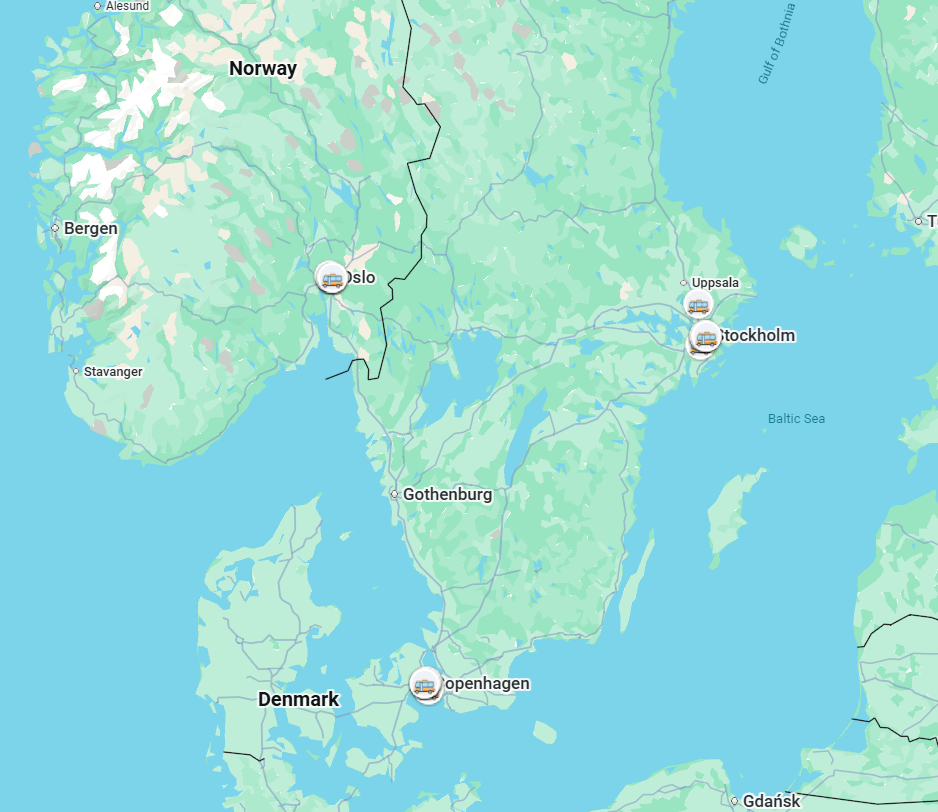 Map showing the Copenhagen to Oslo to Stockholm budget trip route through Scandinavia