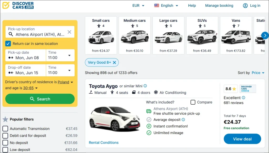 DiscoverCars search results for Athens Airport showing a Toyota Aygo economy car for €24.37 for 7 days, June 2026.