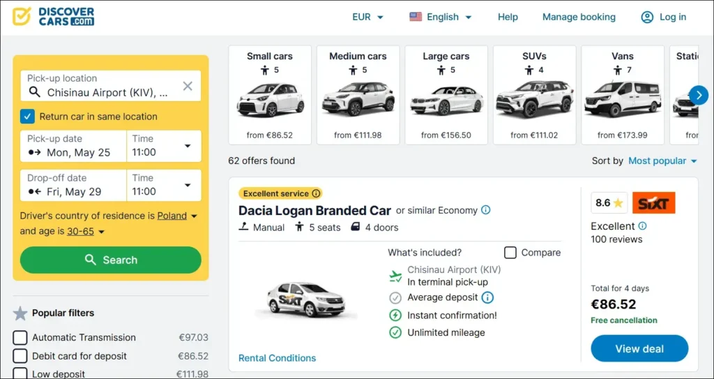 DiscoverCars search results for Chisinau Airport showing rental prices from €86 for 4 days, May 2026