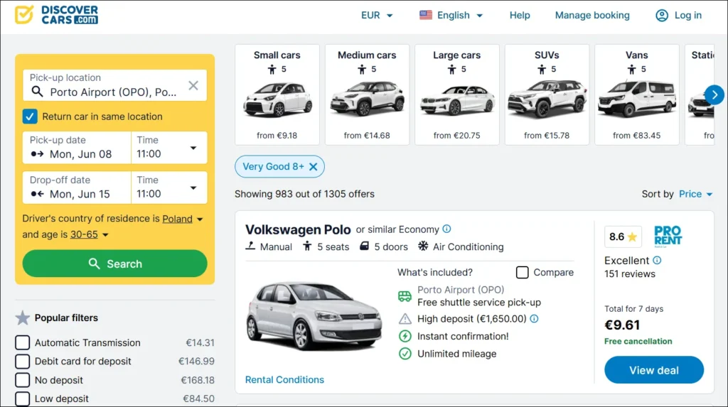 DiscoverCars search results for Porto Airport showing a Volkswagen Polo economy car for €9.61 for 7 days, June 2026.