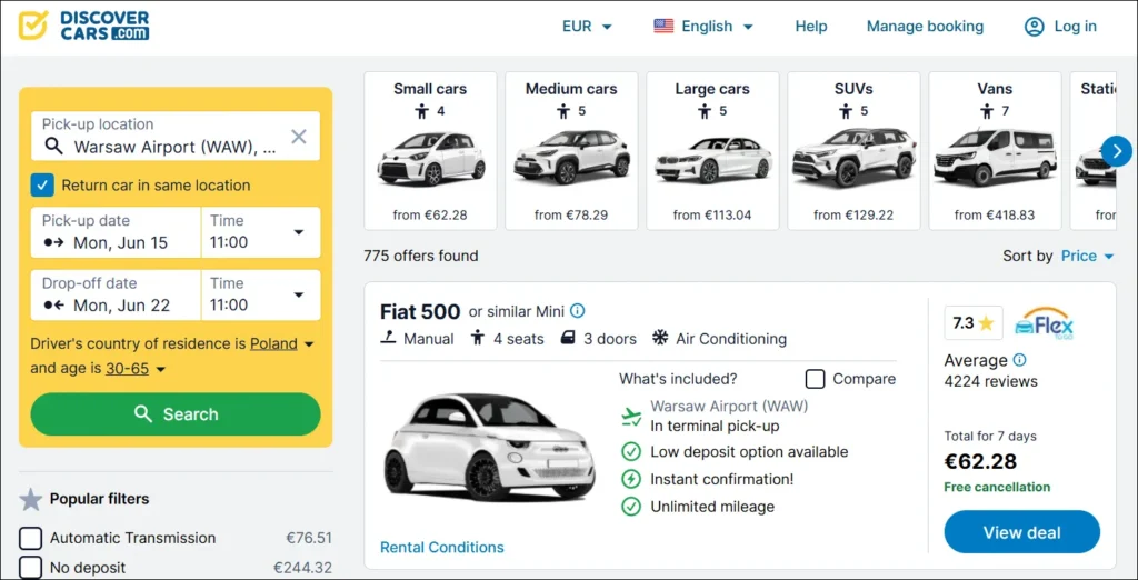 DiscoverCars search results for Warsaw Airport showing small car rentals from €62.28 for 7 days