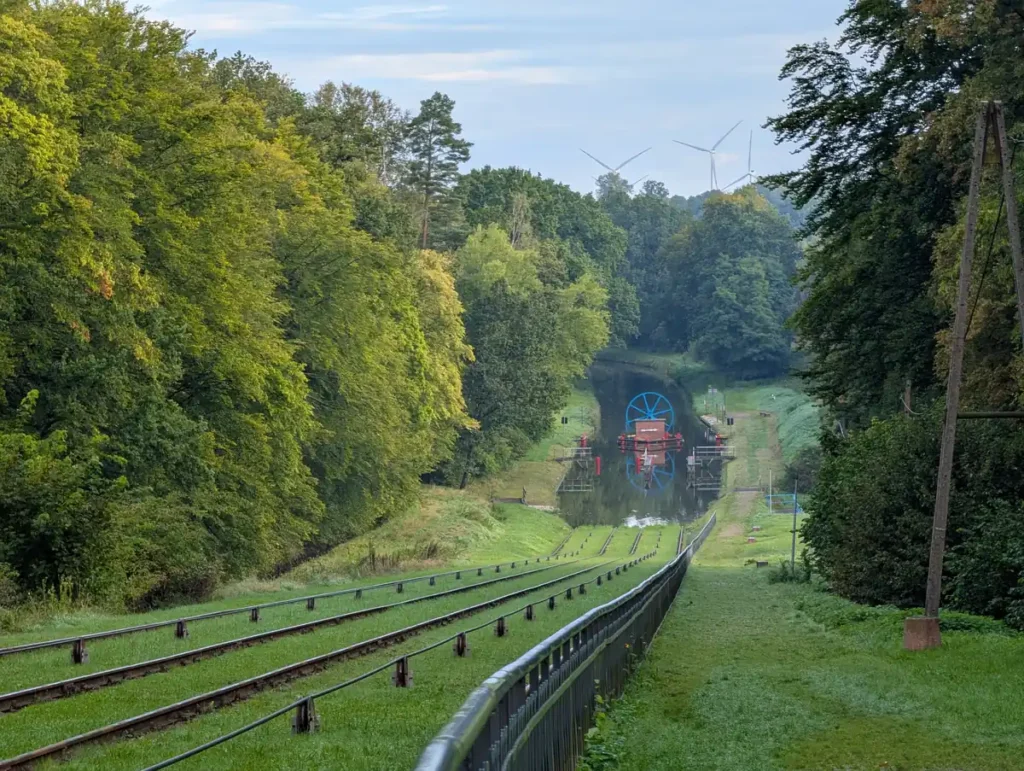 Elbląg Canal inclined plane in Buczyniec, Poland, showing the rail tracks and boat-hauling mechanism