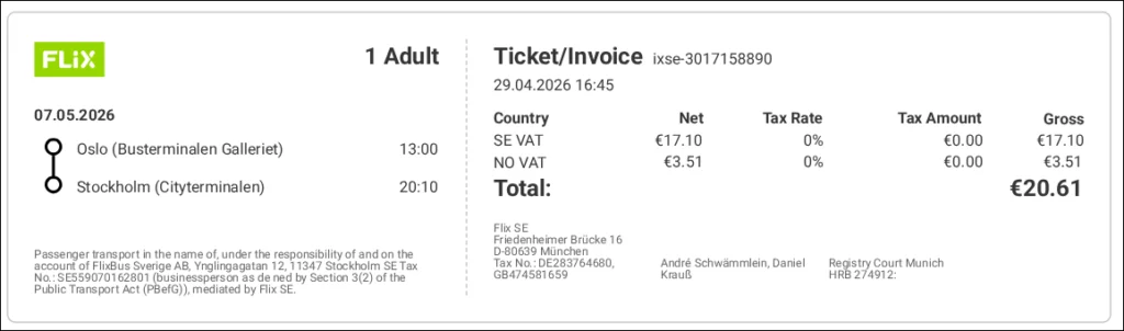 FlixBus receipt for Oslo to Stockholm, 1 adult, €20.61