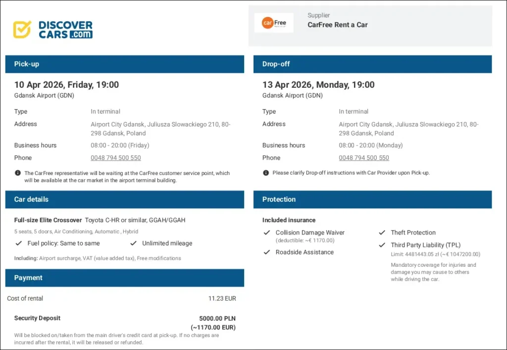 DiscoverCars booking receipt for a Toyota C-HR rental at Gdańsk Airport with CarFree Rent a Car for €11.23.