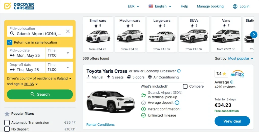 DiscoverCars search results for Gdańsk Airport showing economy crossover cars from €34.23 for 3 days