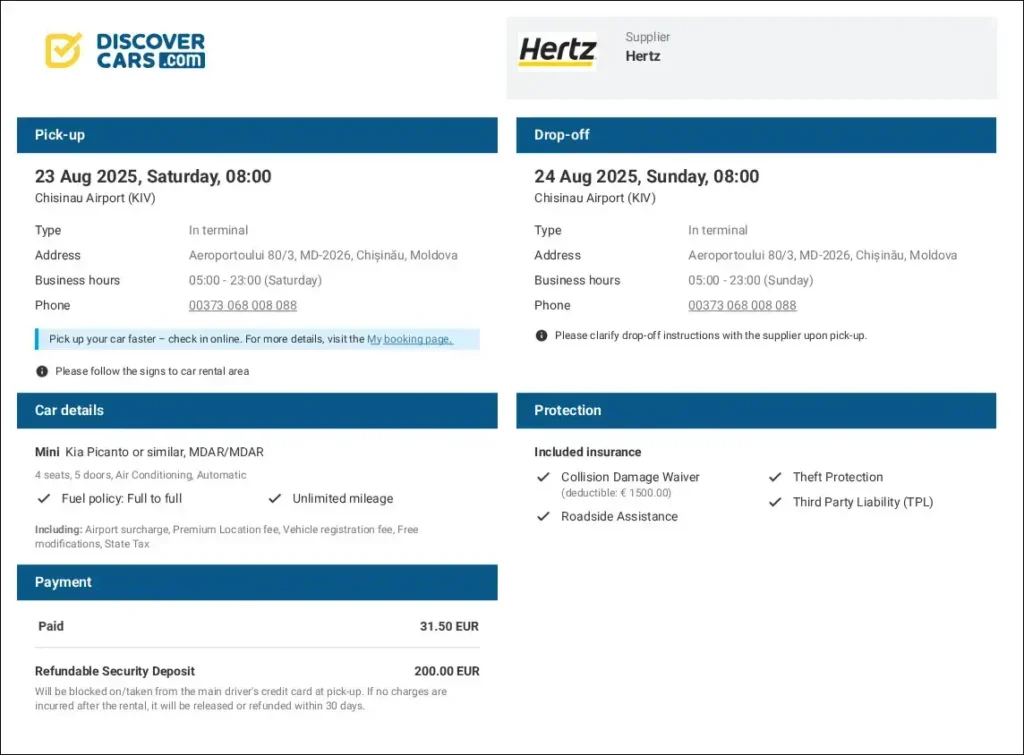 DiscoverCars and Hertz booking confirmation for Chisinau Airport KIV – €31.50 for 1 day, August 2025