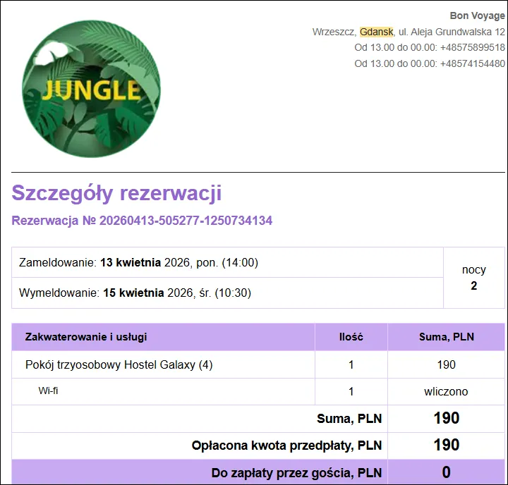 Hostel Galaxy Gdańsk booking receipt showing 2 nights in a private room for 190 PLN, check-in 13 April 2026