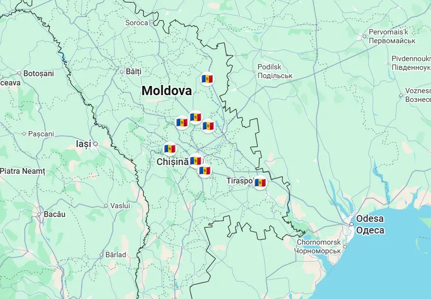Moldova travel route map showing Chisinau, Tiraspol, and monastery loop including Capriana, Curchi, Saharna and Old Orhei