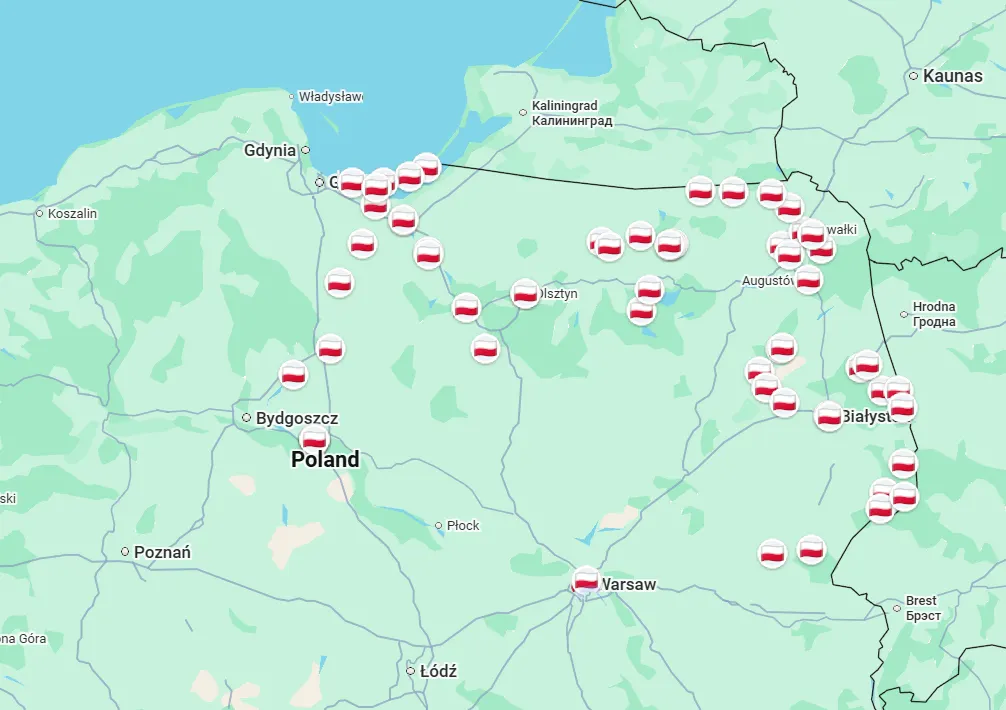 Road trip route map of northeastern Poland showing stops across Podlasie, Mazury, Warmia, and Pomorze regions