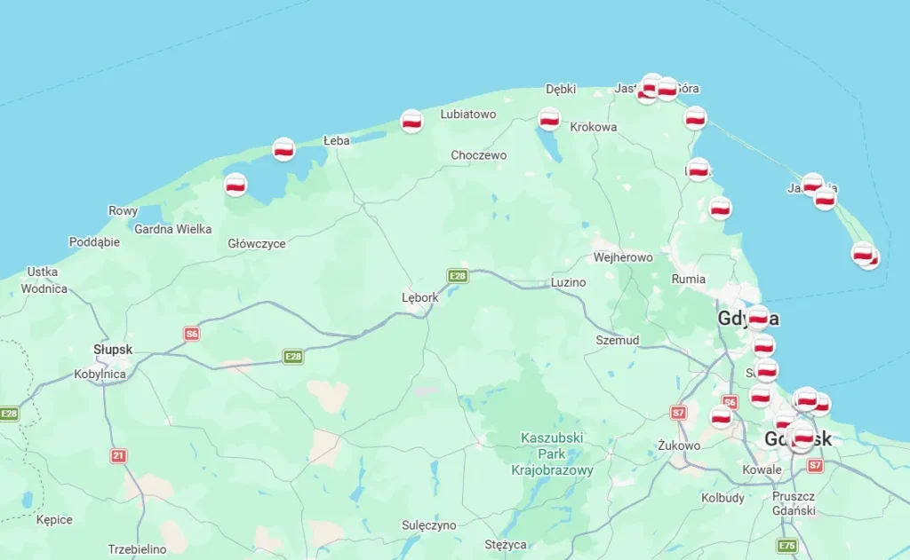 Map showing the Polish Coast road trip route with waypoints from Gdańsk Airport along the Hel Peninsula, Rozewie, Jastrzębia Góra, Stilo, Słowiński National Park, Puck, Sopot and back to Gdańsk
